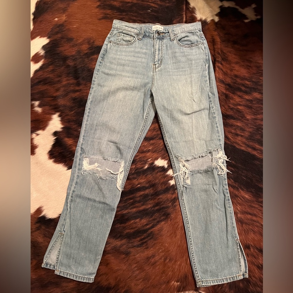 Cello Light Blue Distressed Cropped Straight Leg Jeans